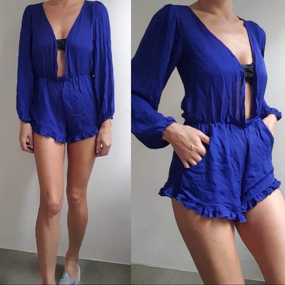 Revolve Mia Marcelle silk marvel blue v romper xs
